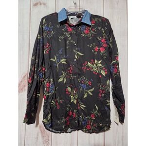 Capacity Womens Black Floral Print Button Down Shirt Top Denim Collar Size Large